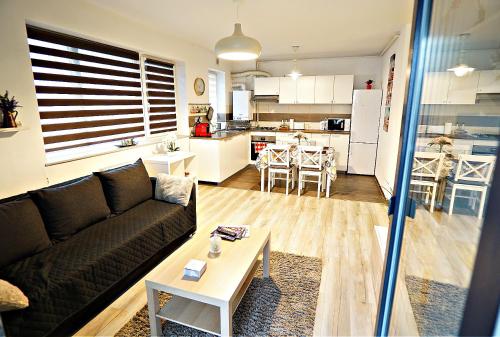 布拉索夫Relaxing Coresi Place的客厅以及带沙发和桌子的厨房。