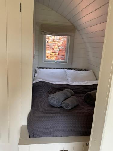 什鲁斯伯里Secluded Cosy Luxury Pod的一个小房间的一个床位,设有窗户