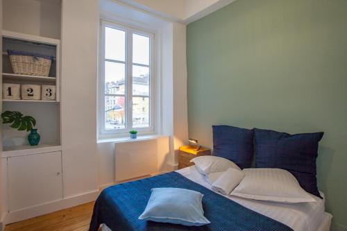 格勒诺布尔Sur les Traces du chevalier Bayard的一间卧室配有一张带蓝色床单的床和一扇窗户。