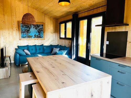 雷日卡普费雷La cabane 56 - calme - cosy - nature - sans vis-à-vis的厨房配有木桌和蓝色沙发。