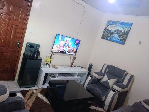Meru@princess Dee的客厅配有两把椅子和墙上的电视