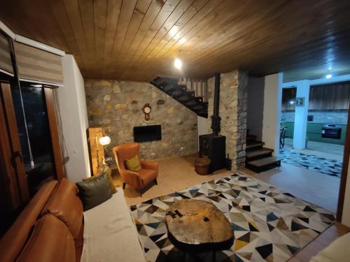普里兹伦Villa Gjelbër的带沙发和石制壁炉的客厅