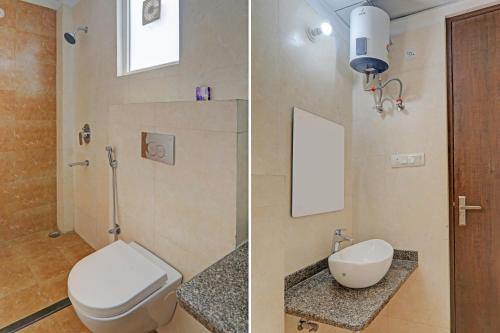 阿拉哈巴德The Bunglo (Villa)的浴室的两张照片,配有卫生间和水槽