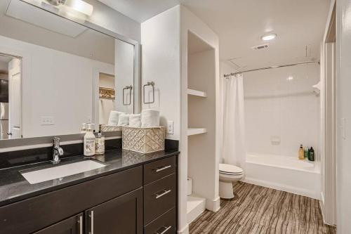奥斯汀Luxury - Spacious 2BD 2BA, in Domain (Food, Bars)的一间带水槽、卫生间和镜子的浴室