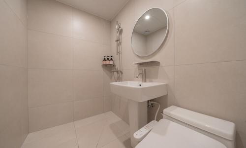 大田Annk Hotel Daejeon Daeheung的一间带水槽、卫生间和镜子的浴室