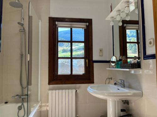 卡尼略Cases de Canillo-Casa Sant Serni HUT1-7478的一间带水槽、镜子和淋浴的浴室