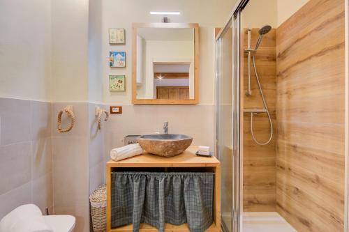 普拉吉拉托Studio Les Caribous Mountain Retreat - Happy Rentals的一间带水槽和淋浴的浴室