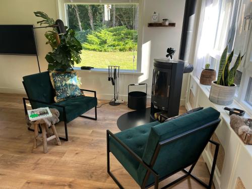 诺德克豪特"Zonnekind" Atmospheric holiday home in Noordwijkerhout near the beach的带沙发、椅子和炉灶的客厅