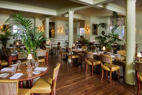 布里斯托布里斯托杜文酒店的一间设有桌椅的餐厅,种植了植物