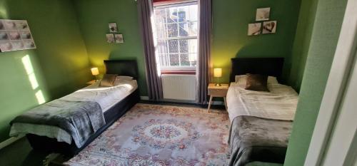 斯特灵Morris Terrace Apartment的绿色的客房设有两张床和窗户。