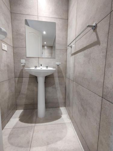 埃尔卡拉法特Amigo del Mundo Hostería y Apart Hotel的浴室配有盥洗盆和带镜子的淋浴