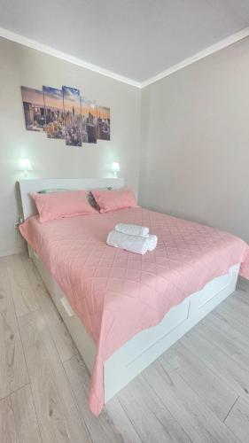 阿特劳# 50 Солнечная комфортная студия的卧室内的粉红色床和粉红色棉被