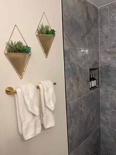达拉姆Mirabelle 3bd/1ba 5 min from Downtown/Duke/RTP的一间带毛巾和植物淋浴的浴室