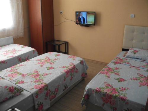 恰纳卡莱厄尔努尔旅馆的客房设有两张床和一台墙上的电视。