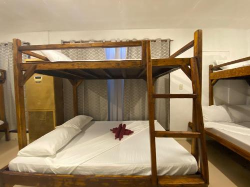 爱妮岛Aquaholik Traveler's Lodge的双层床的下铺设有2张双层床。