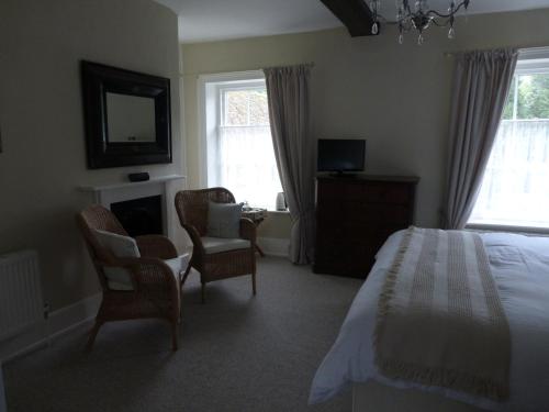 Wimborne Saint Giles家庭农场住宿加早餐旅馆的一间卧室配有一张床、椅子和电视