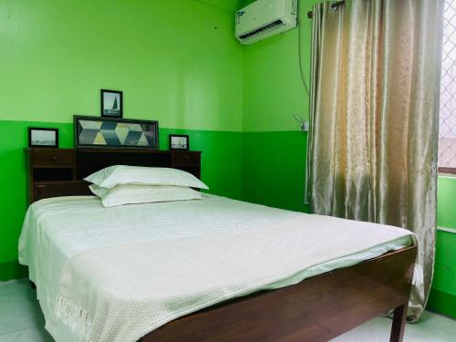 苏瓦Grace house的一间带绿色墙壁和床的卧室