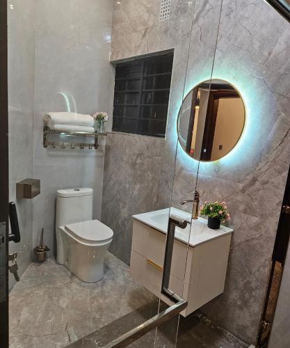 KitweVk apartments的一间带水槽、卫生间和镜子的浴室