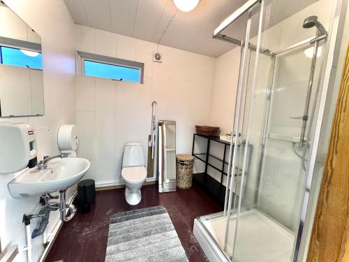 海拉Langahlíð Guesthouse - Privatete Forest -的带淋浴、卫生间和盥洗盆的浴室