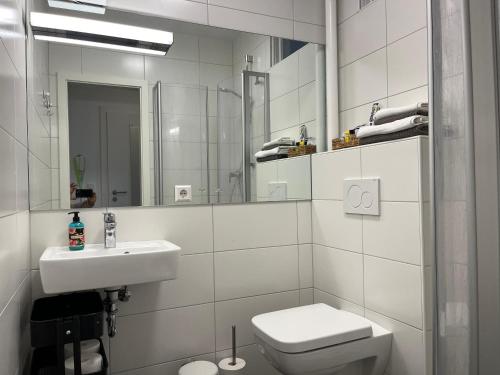 萨尔路易斯Stadtstudio Saarlouis的白色的浴室设有水槽和卫生间。
