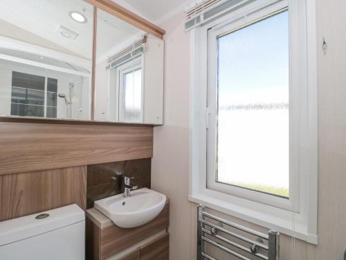 新米尔顿The Olive Lodge, 227 Sycamore的一间带卫生间、水槽和窗户的浴室