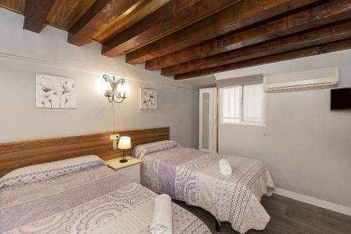 塞维利亚里奥索尔旅馆的一间卧室设有两张床和窗户。