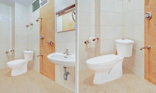 班加罗尔Hotel Prime Pavilion-MG ROAD的浴室的两张照片,配有卫生间和水槽