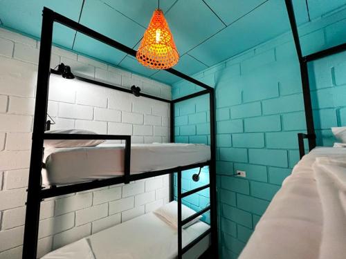 圣何塞Lolas Hostal, Habitacion Exclusiva para Mujeres, 2 camarotes, precio por cama的客房设有两张双层床和一盏灯。