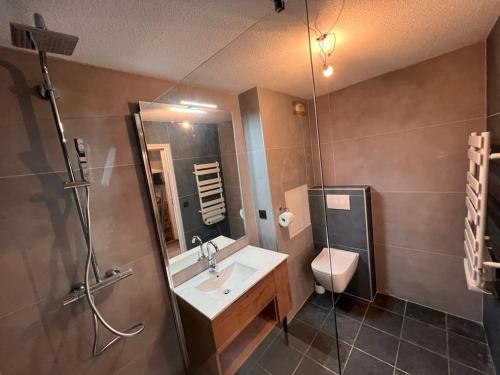 瓦卢瓦尔Appartement Valloire, 2 pièces, 4 personnes - FR-1-263-189的一间带水槽、卫生间和淋浴的浴室