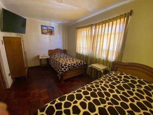 波托西Residencial 10 de Noviembre的一间卧室配有一张带豹纹图案的床铺