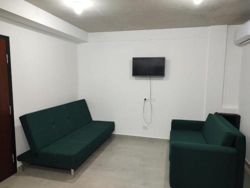 孙查莱斯La Plaza的客厅配有两张绿色沙发和一台电视机