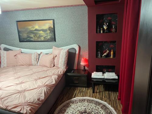 SăcălazCasa verde的一间卧室设有床铺和红色的墙壁
