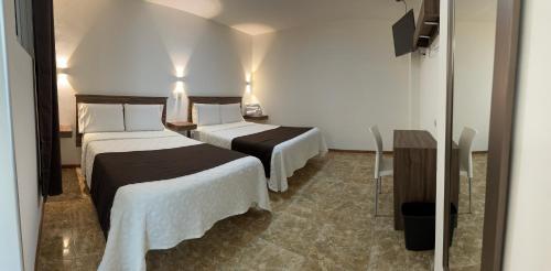 普埃布拉Hotel Royal Puebla的酒店客房设有两张床和电视。