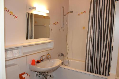 斯洪保因霍泰Ferienwohnung L435 für 2-4 Personen an der Ostsee的浴室配有盥洗盆和带镜子的淋浴