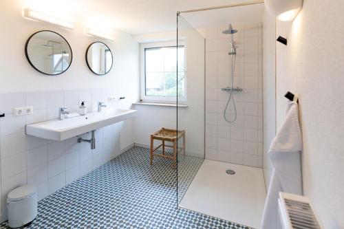 BlaufeldenFreistehendes Landhaus Paco mit 2100qm eingezäuntes Grundstück, Kamin, Sauna und besuchen Sie die Alpakazucht in der Nachbarschaft的白色的浴室设有水槽和淋浴。