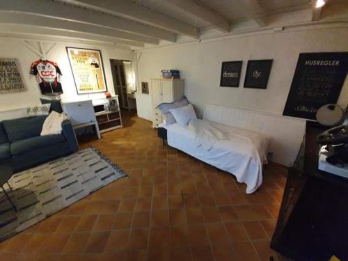 波多Koselig rom med stue i Bodø sentrum的客厅配有床和沙发