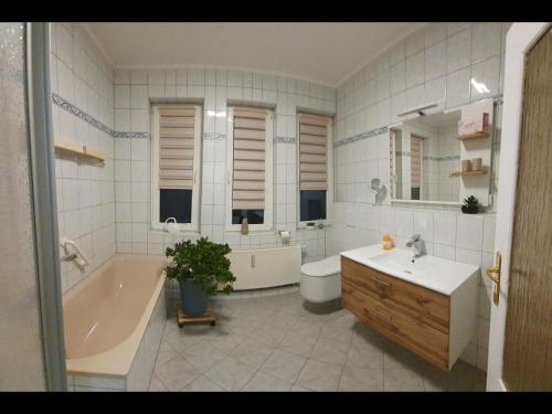 施瓦岑贝格NEU! Ferienwohnung Unger的带浴缸、水槽、浴缸和浴缸的浴室