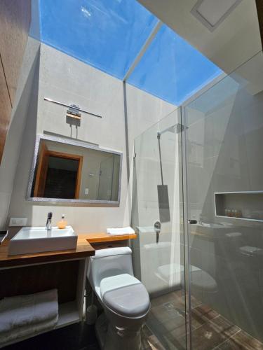 ChasquiEl Chasqui Guest House的浴室配有卫生间、盥洗盆和淋浴。