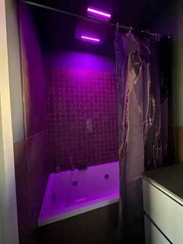 弗利OliVia Rooms Sauna & Gym的紫色浴室设有紫色光浴缸