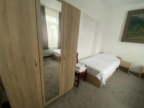 蒂米什瓦拉Twin Cloud Pădurea Verde的一间小卧室,配有一张床和镜子
