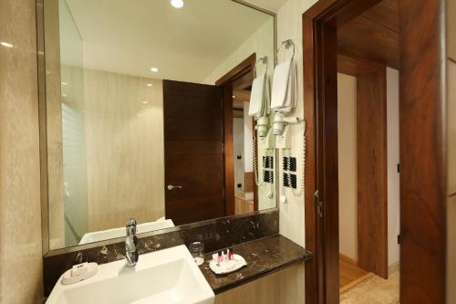 新德里印度必兹诺酒店的一间带水槽和大镜子的浴室