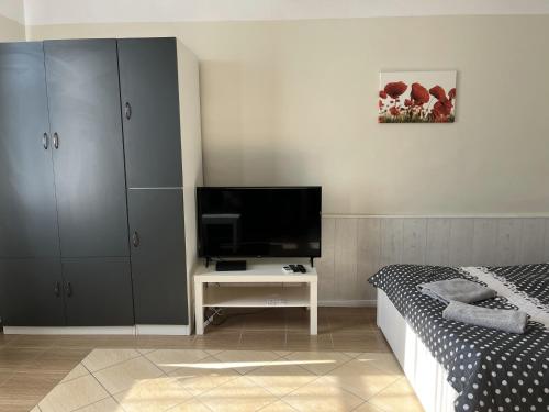 蒂萨菲赖德Idill Apartmanház B&B的一间卧室配有一张床、一台电视和一张桌子