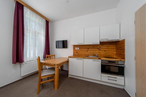 扬斯凯拉兹涅扬斯基波托克I.公寓的厨房配有白色橱柜和木桌