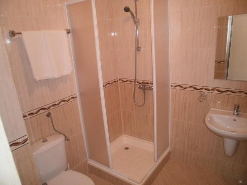 希典EUROPA Guest House的带淋浴、卫生间和盥洗盆的浴室