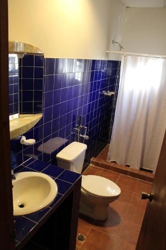 科隆Hacienda Alajuela的蓝色瓷砖浴室设有卫生间和水槽