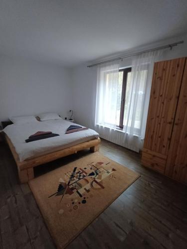 CătunuHouse in the Forest的一间卧室设有床、窗户和地毯。