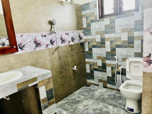 波隆纳鲁沃Aura Villa的带淋浴、卫生间和盥洗盆的浴室