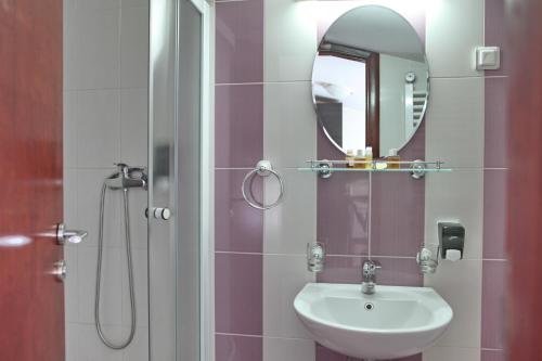 贝尔格莱德快乐星俱乐部酒店的浴室配有盥洗盆和带镜子的淋浴