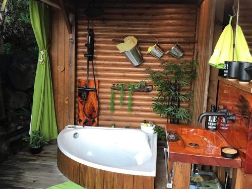 德赛Ma cabane的带浴缸的浴室和木墙