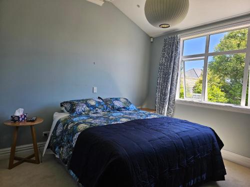 基督城Aspiring Villa Apartment的一间卧室配有一张带蓝色棉被的床和窗户。